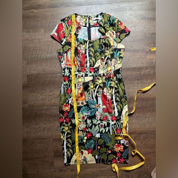 GRACE KARIN tropical Frida Kahlo dress Cap-Sleeve Sweetheart Sheath Sz L artsy - Picture 8 of 16